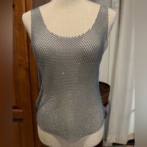 Metallic Silver Sleeveless Mesh Tank Top Beaded Y2K Festival Coachella Fishnet